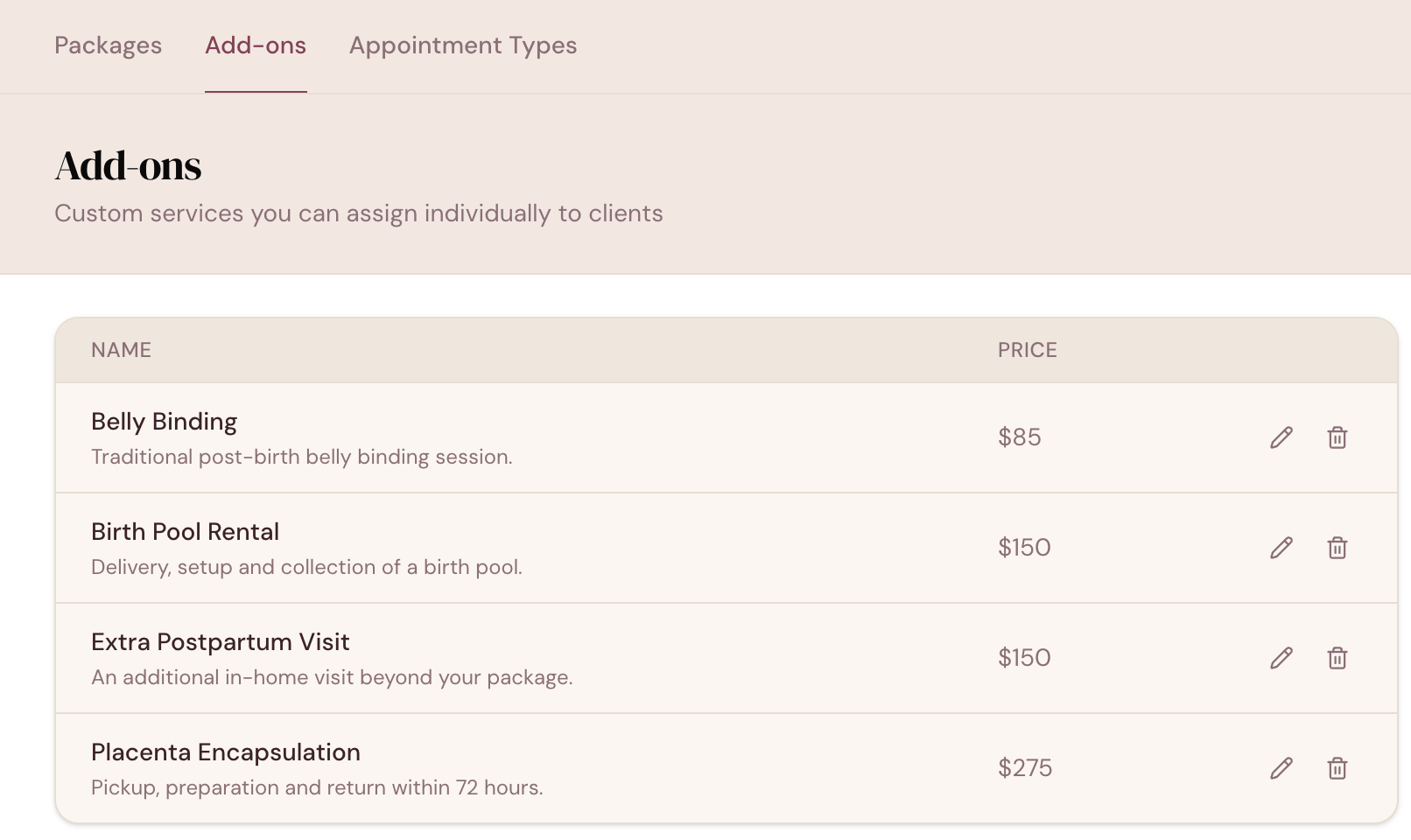DoulaFlow add-ons list showing belly binding, birth pool rental, an extra postpartum visit and placenta encapsulation, each with a description and a price
