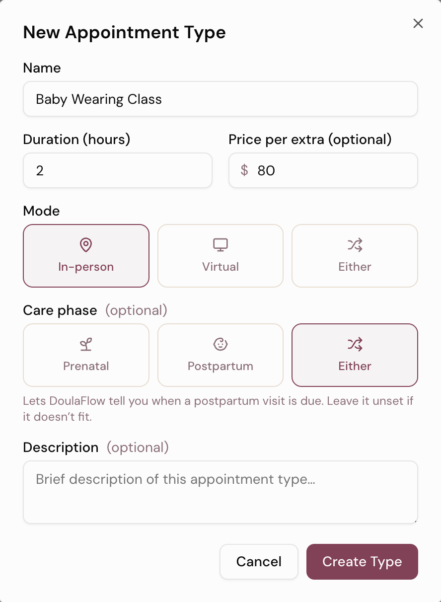 The new appointment type form in DoulaFlow, with fields for name, length and extra-visit price, and choices for mode and phase of care