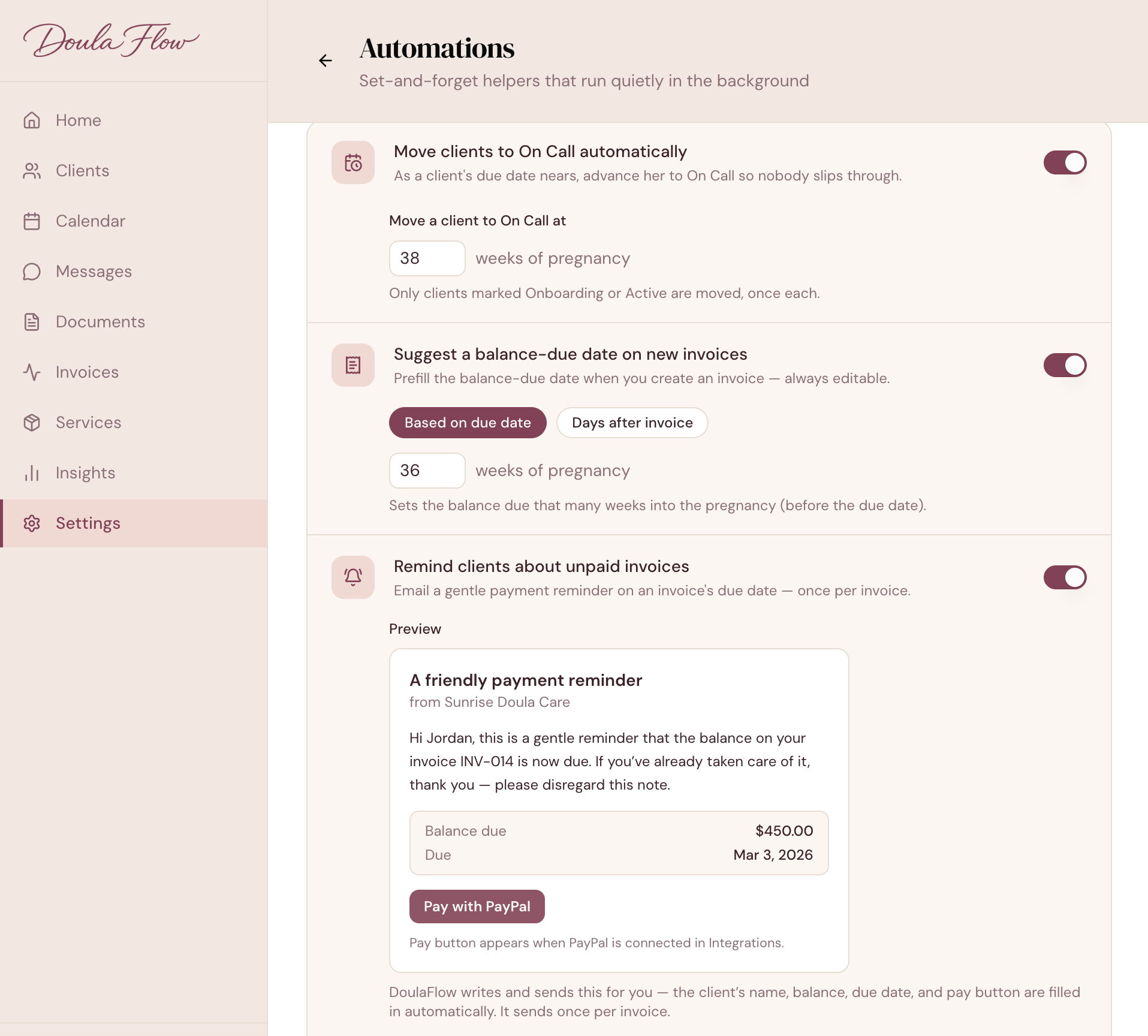DoulaFlow automations settings with three switches on: move clients to On Call at 38 weeks, suggest a balance-due date at 36 weeks, and remind clients about unpaid invoices, with a preview of the reminder email
