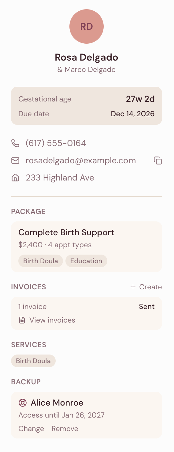 A client record in DoulaFlow showing gestational age, due date and package, with a Backup section naming the backup doula and the date her access lasts until