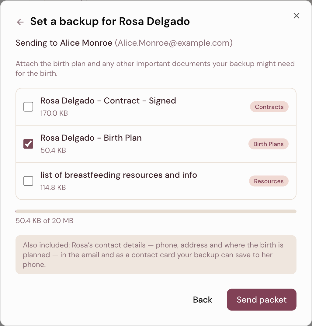 Setting a backup doula for a client in DoulaFlow: choosing which documents to attach, with the birth plan selected, a 20 MB attachment meter, and a note that the client's contact details are included
