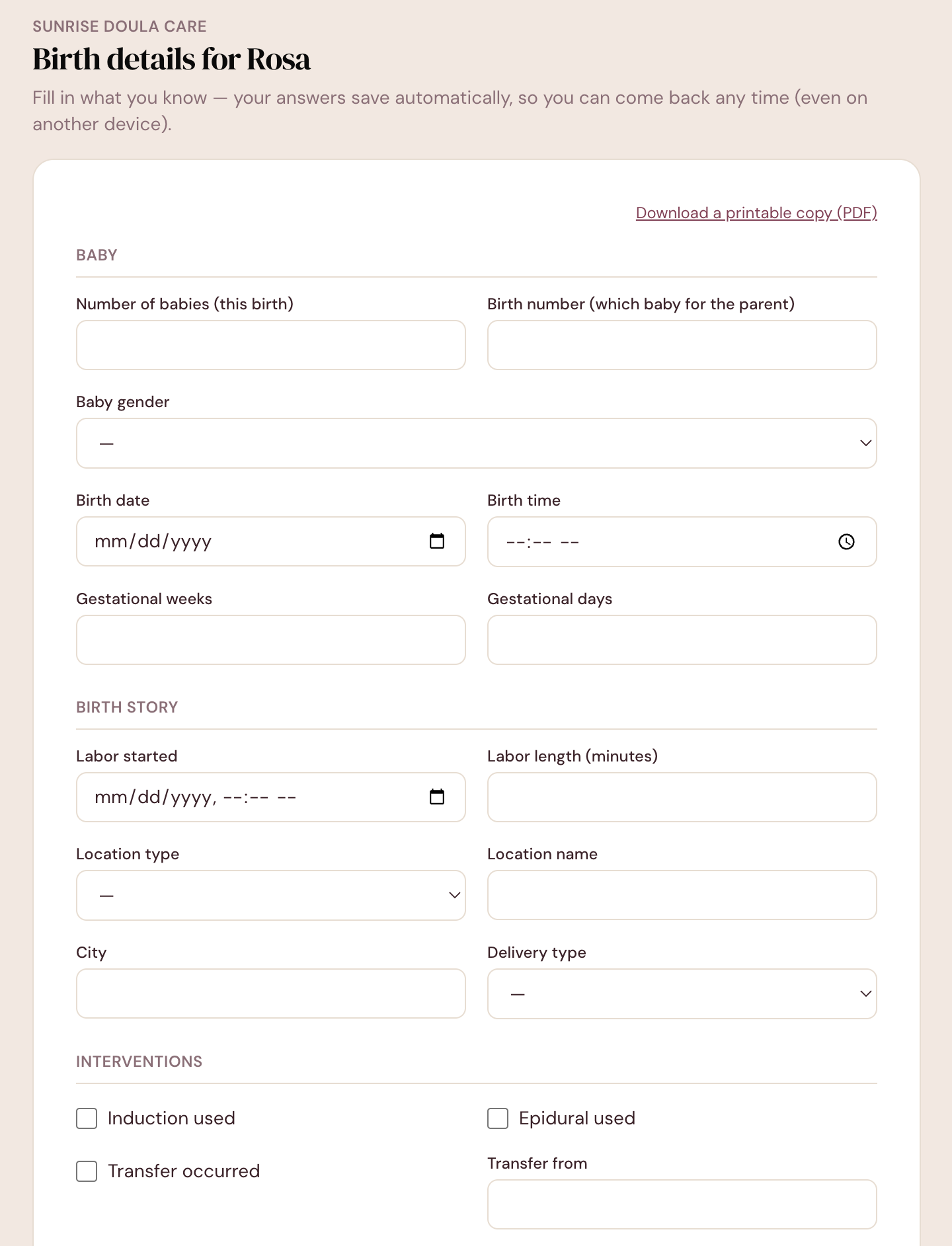The birth details form a backup doula opens from her packet, with baby, birth story and interventions sections and a link to download a printable copy