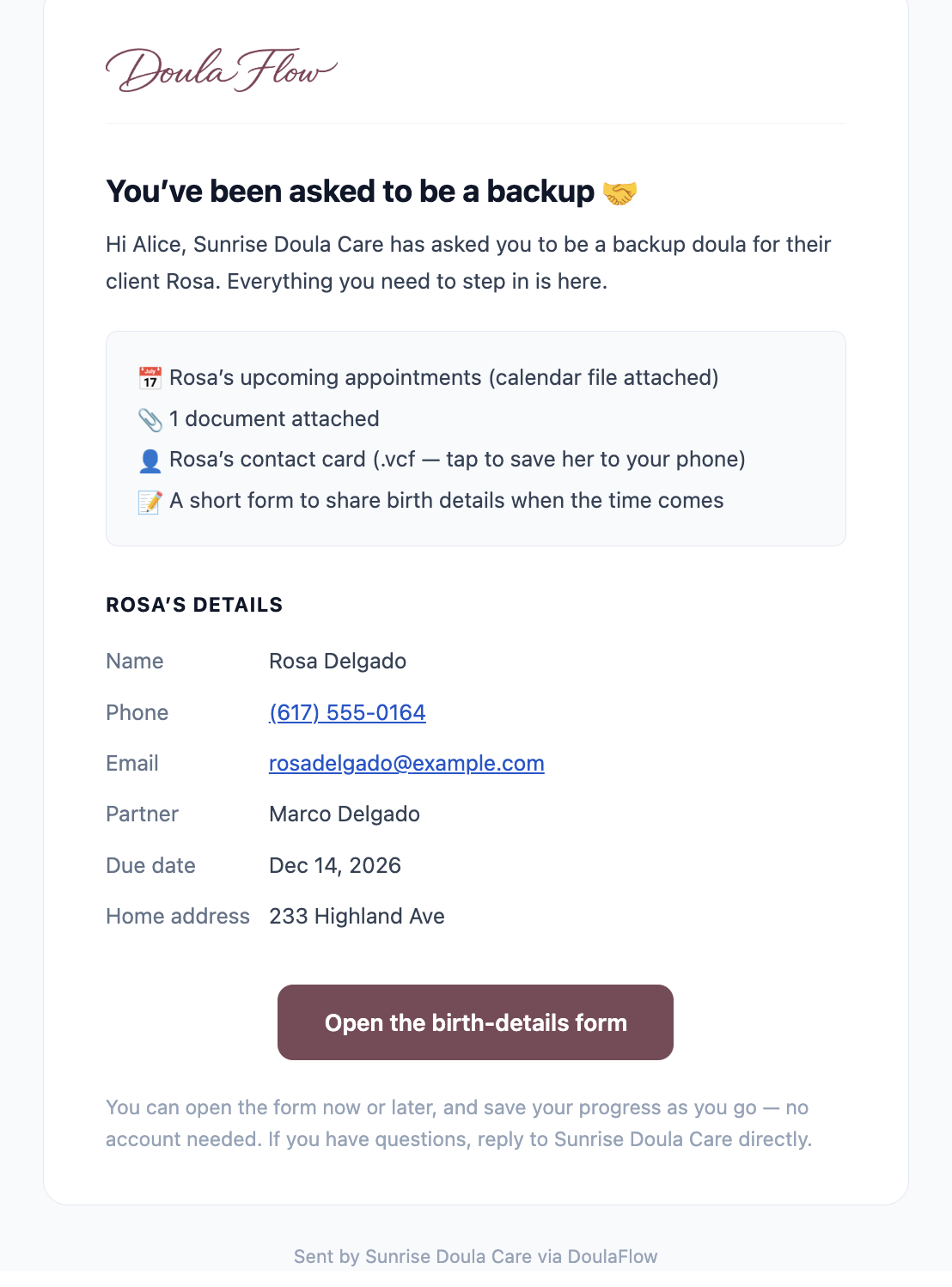 The backup packet email a backup doula receives, listing the client's appointments, an attached document, a contact card and a birth-details form