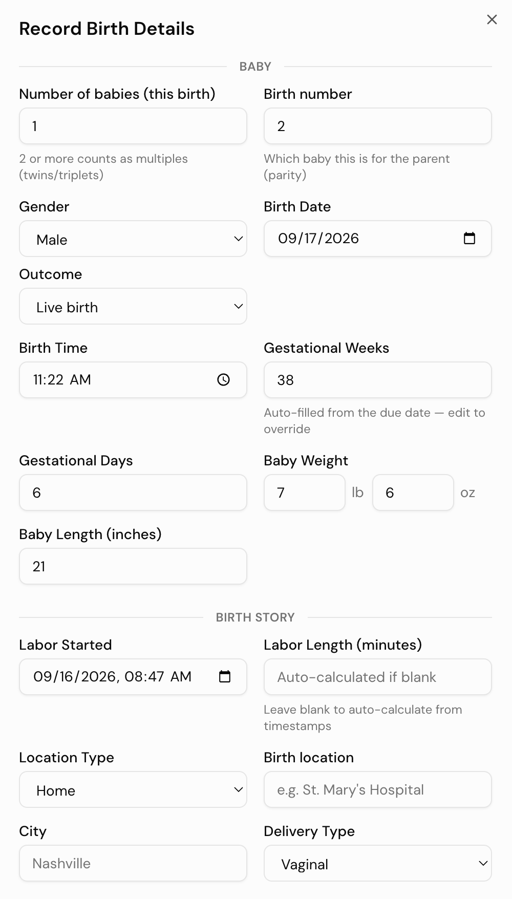 The Record Birth Details form in DoulaFlow, with the number of babies, gender, outcome, birth date and time, gestational age filled in from the due date, baby weight and length, labor start, location and delivery type