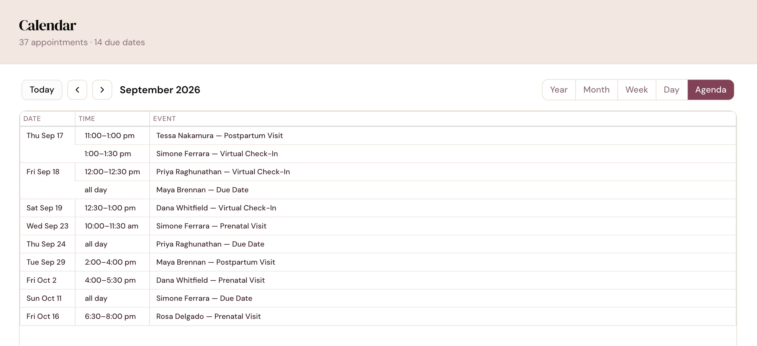DoulaFlow calendar in agenda view listing upcoming visits and clients' due dates by date and time