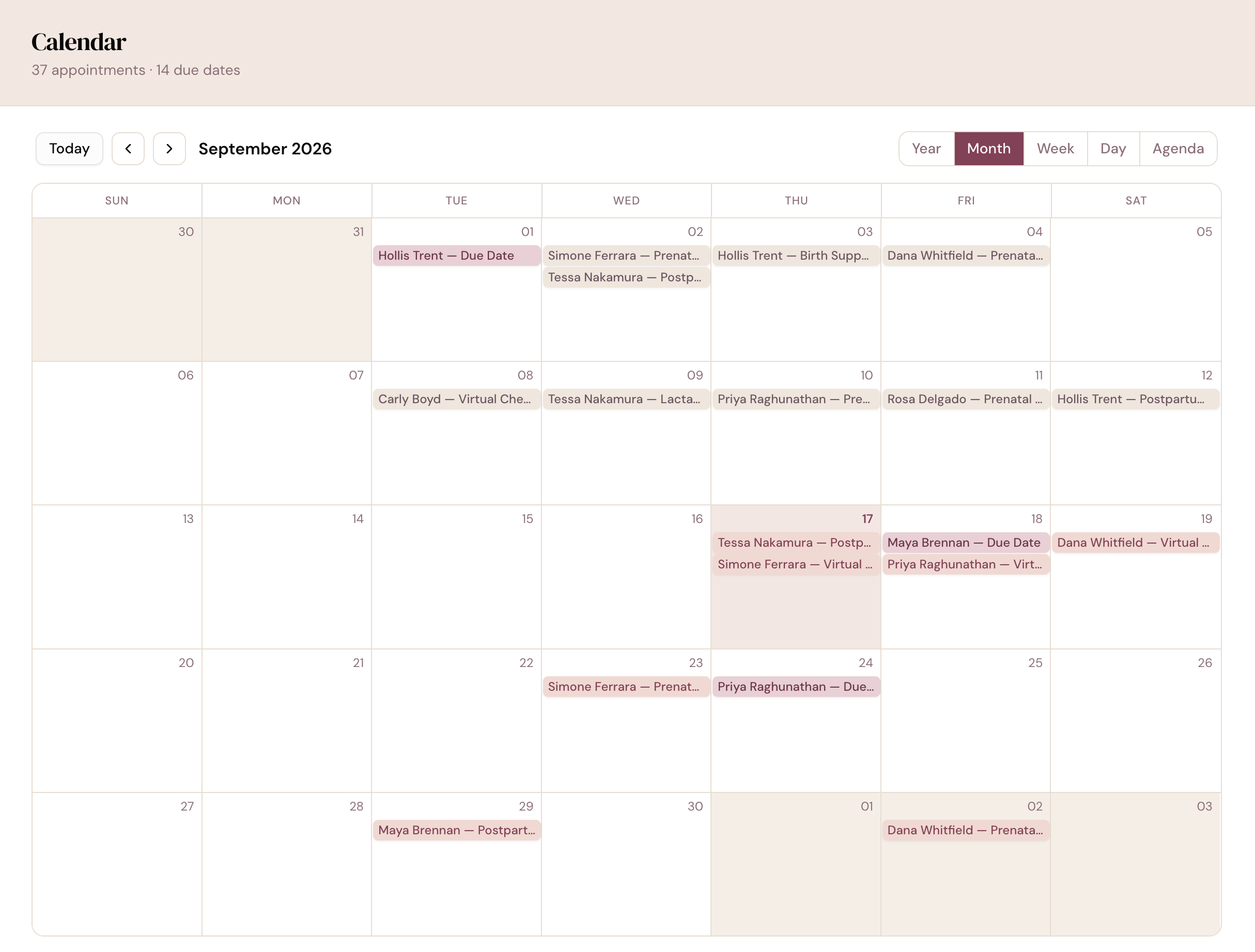 DoulaFlow calendar in month view showing clients' due dates and prenatal, postpartum and virtual visits, with year, month, week, day and agenda views
