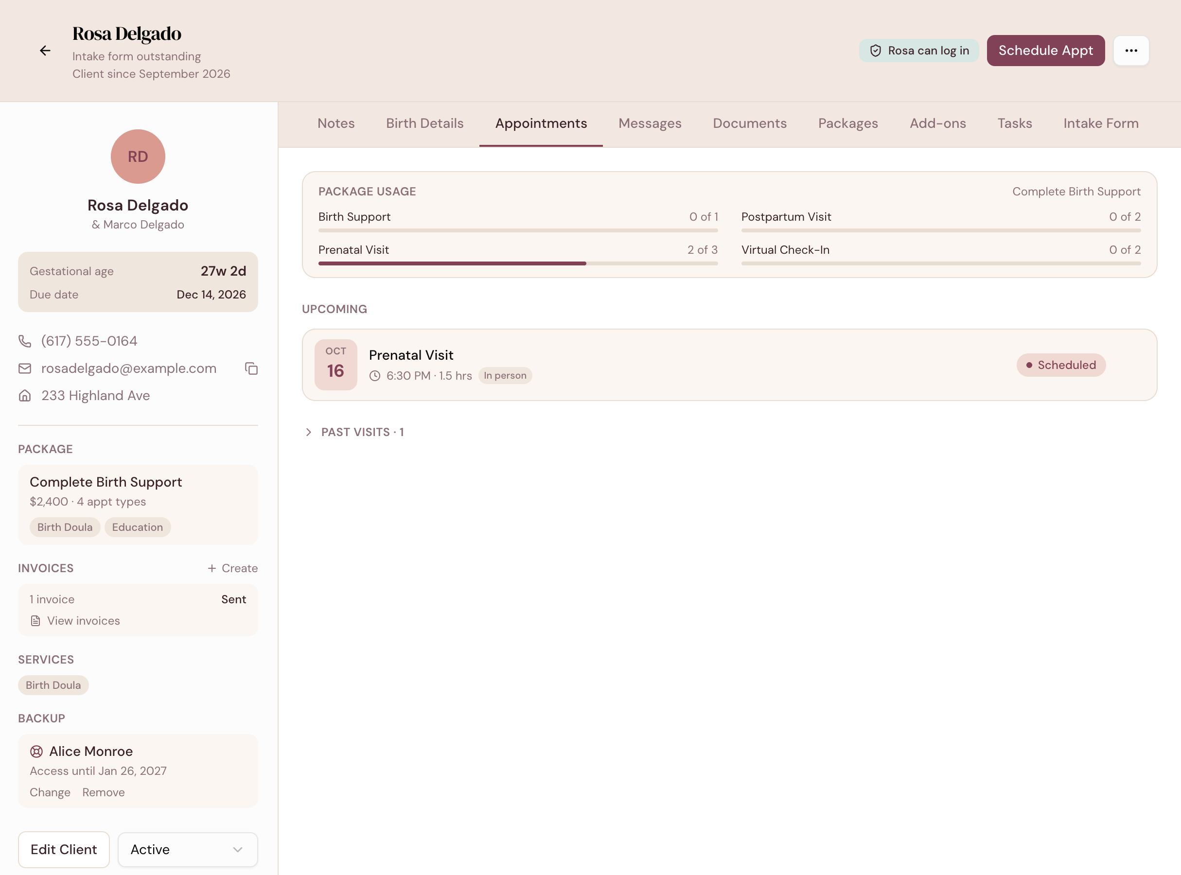 A DoulaFlow client record showing gestational age and due date, contact details, package, invoices, services and backup doula