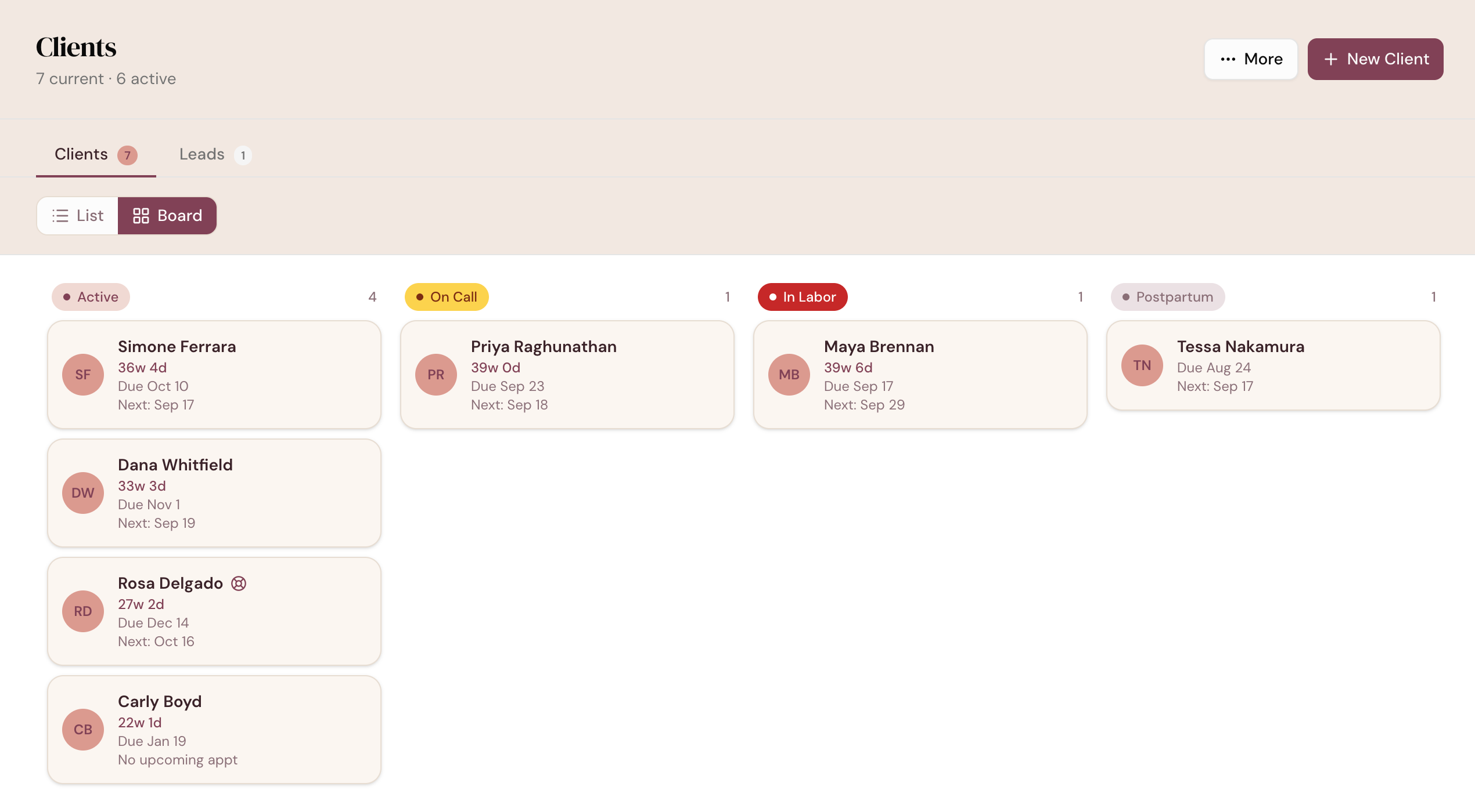 DoulaFlow clients board with Active, On Call, In Labor and Postpartum columns