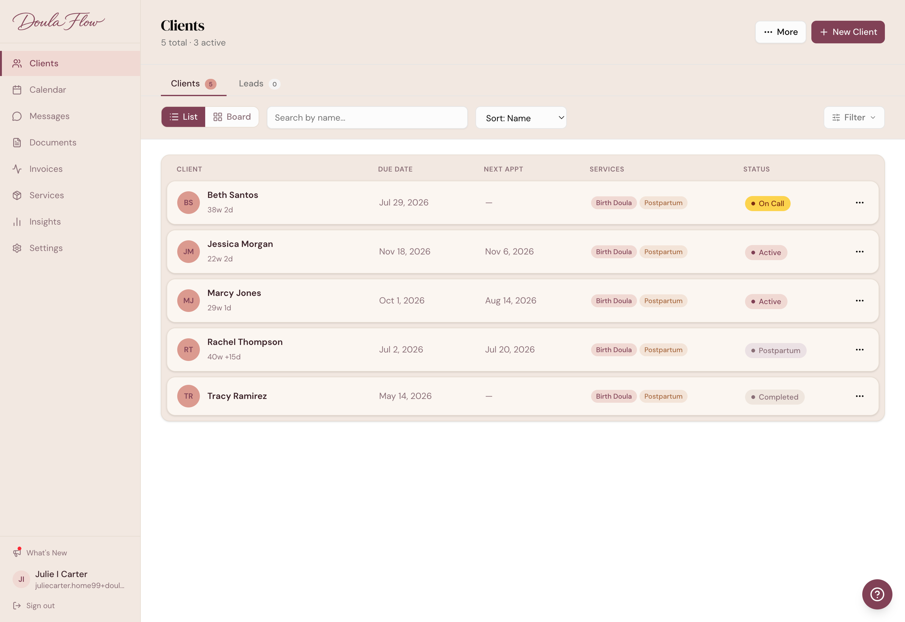 DoulaFlow clients board showing Active, On Call, In Labor, and Postpartum stages