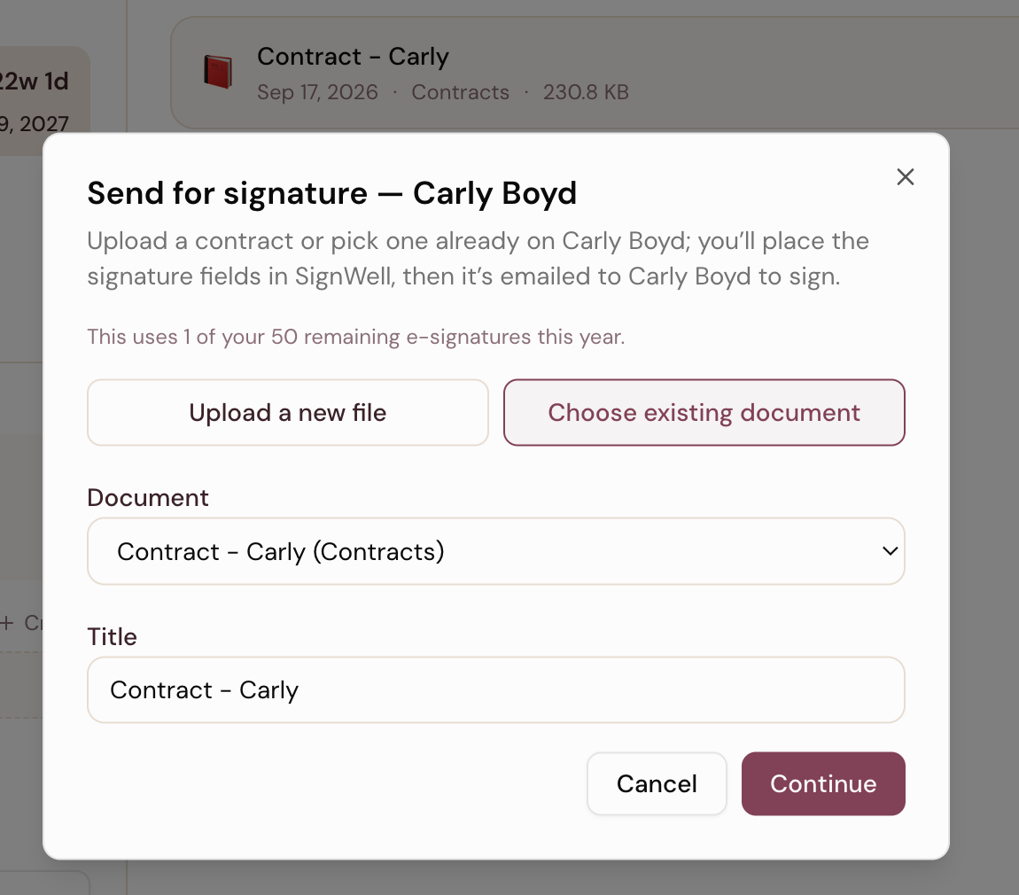 The Send for signature window on a client's Documents tab in DoulaFlow, with her contract chosen from documents already on her record and a note showing the e-signatures left this year