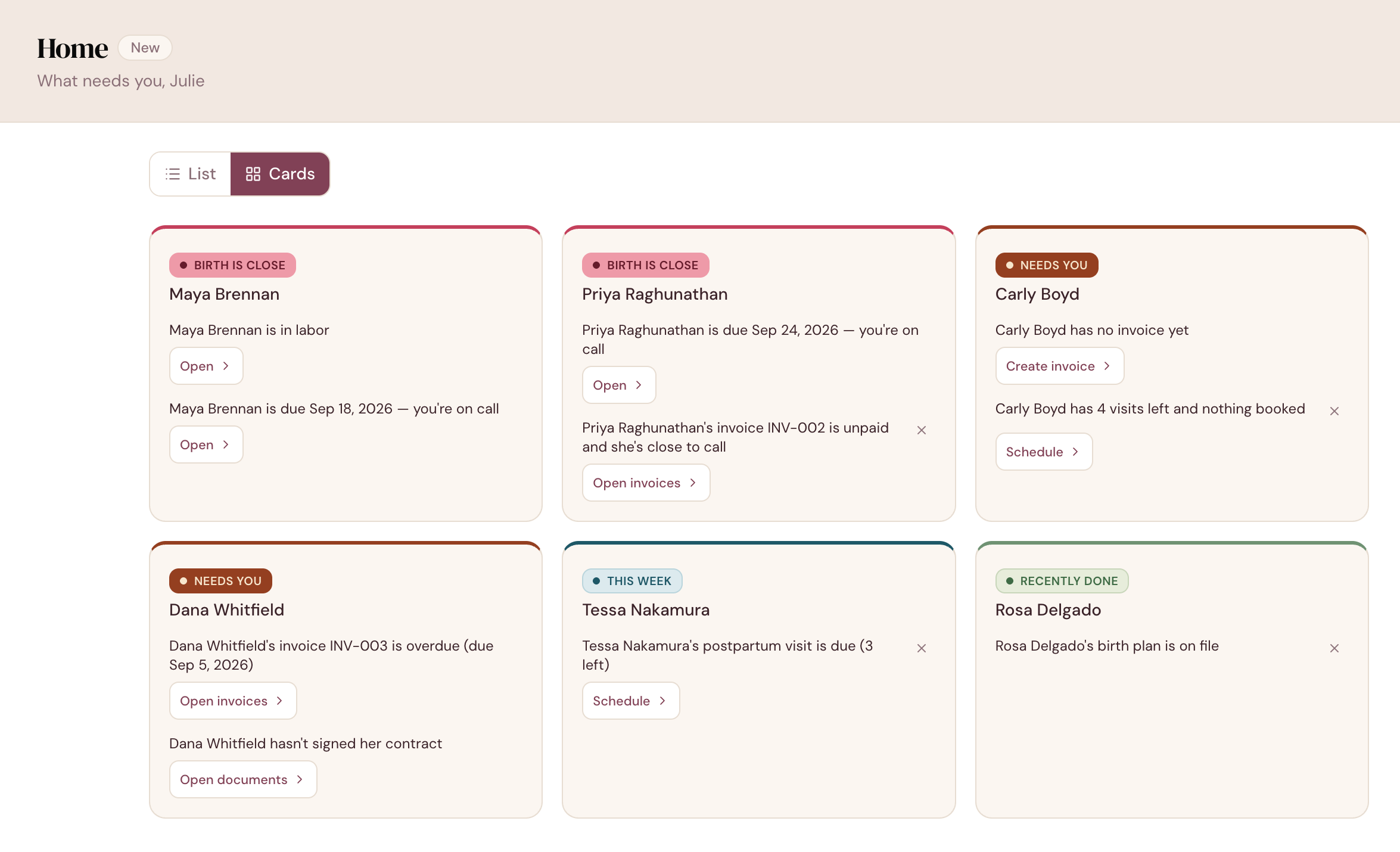 The DoulaFlow Home dashboard in card view, grouping every client by what needs the doula today