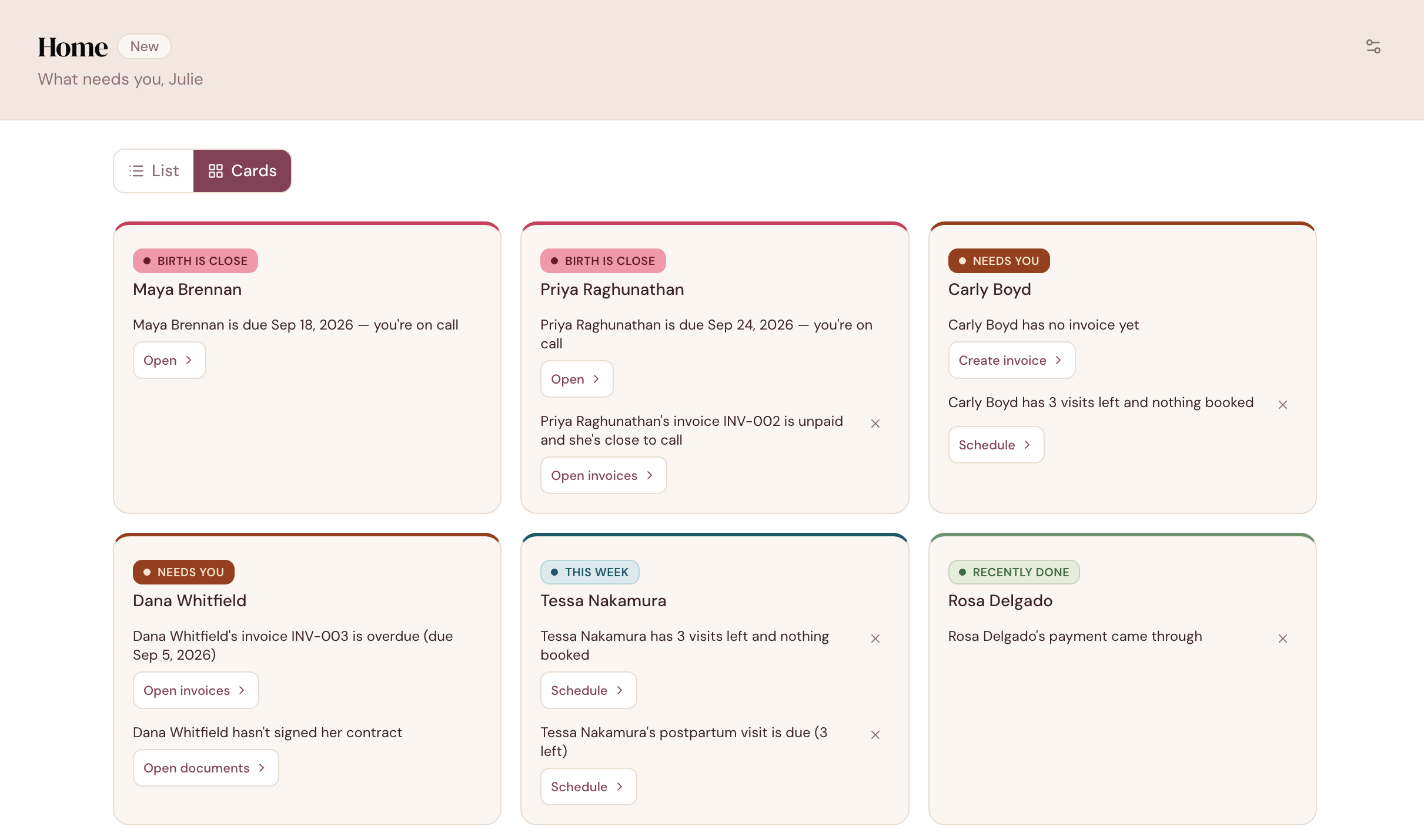 The DoulaFlow Home dashboard in card view, grouping clients by what needs the doula today, from a birth that is close to an unsigned contract