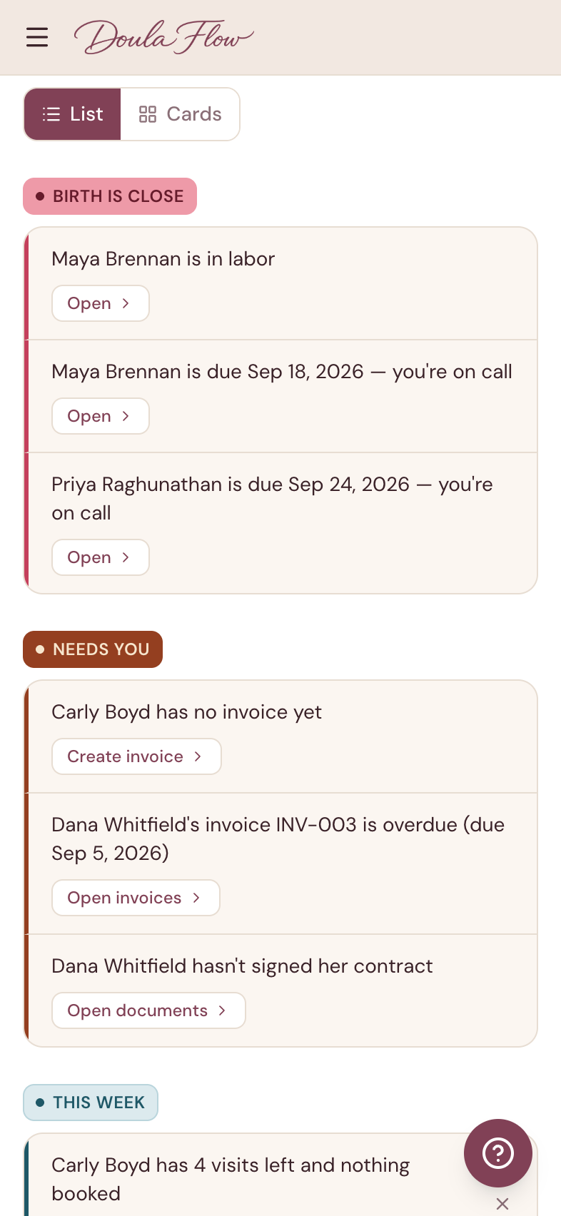 DoulaFlow Home on a phone in list view, showing the Birth is close and Needs you groups