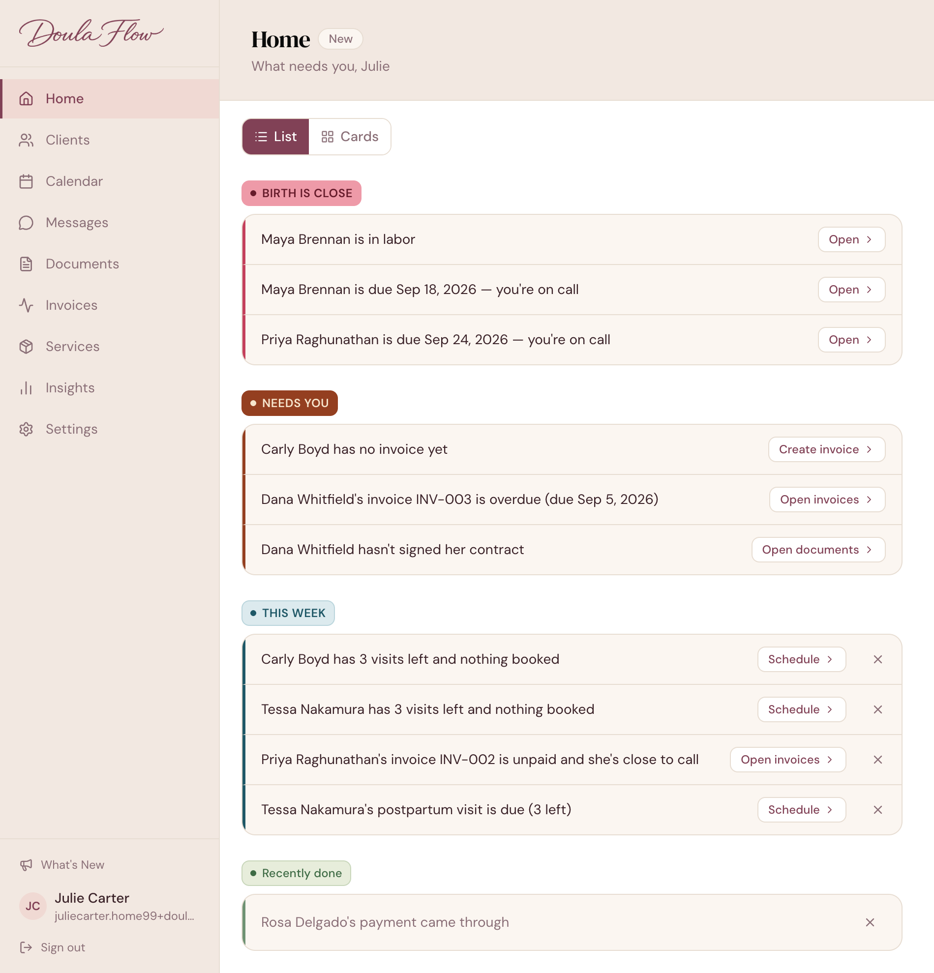 DoulaFlow Home in list view, including a postpartum visit that is due under This week
