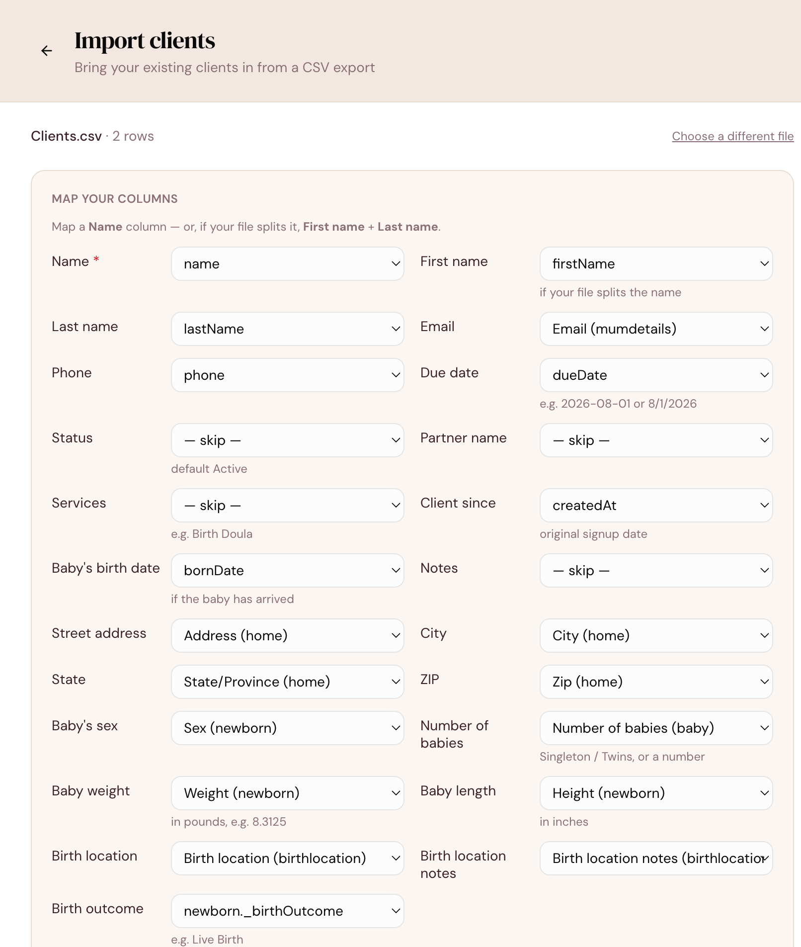 The DoulaFlow column mapping screen matching a CSV's columns to fields such as name, email, due date, address, baby's sex, weight, birth location and birth outcome