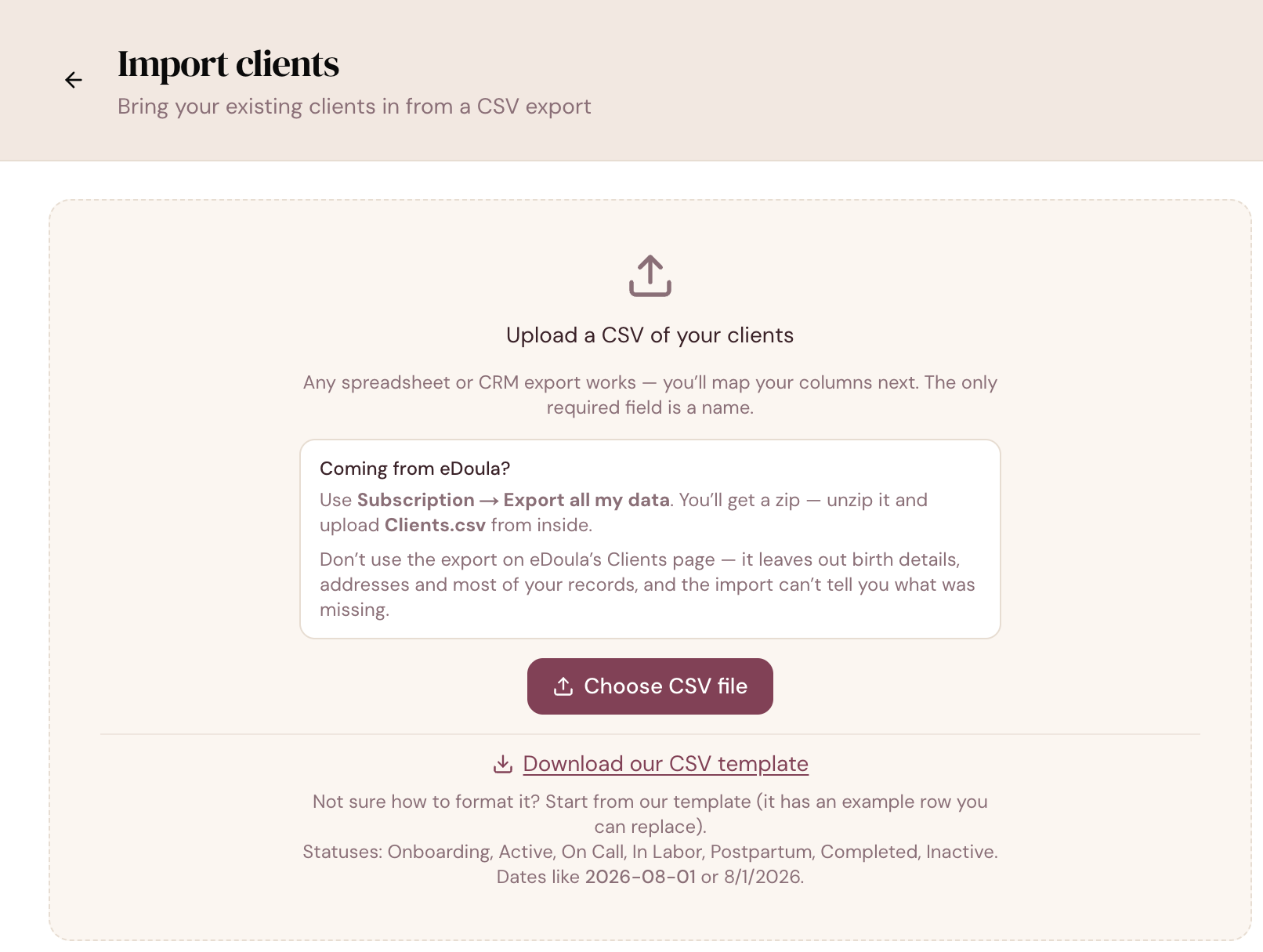 The DoulaFlow import clients screen with a CSV upload, a Coming from eDoula box explaining which export to use, and a link to download a CSV template