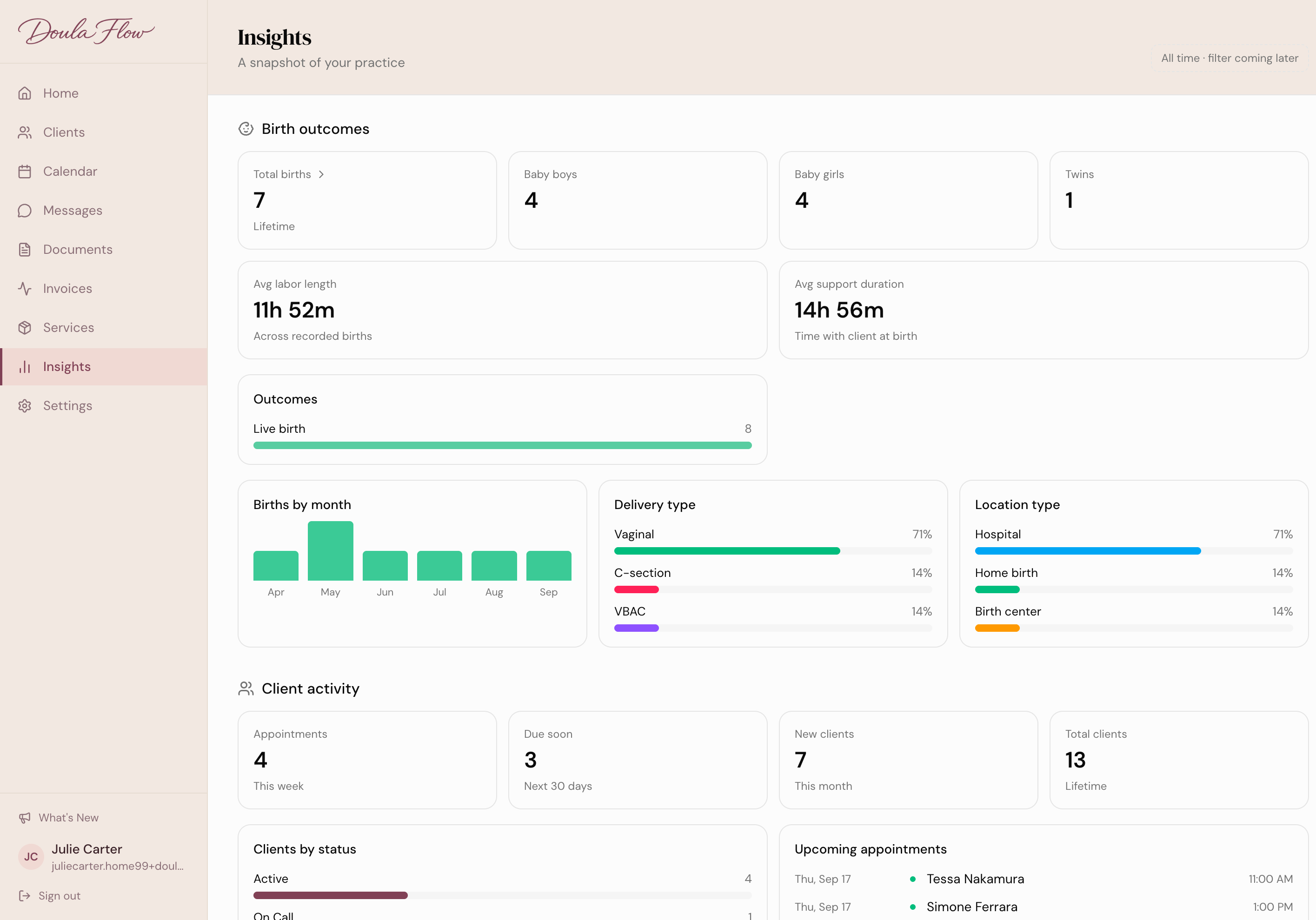 The DoulaFlow Insights page showing birth outcomes: total births, baby boys, baby girls, twins, average labor length, average support duration, outcomes, births by month, delivery type and location type