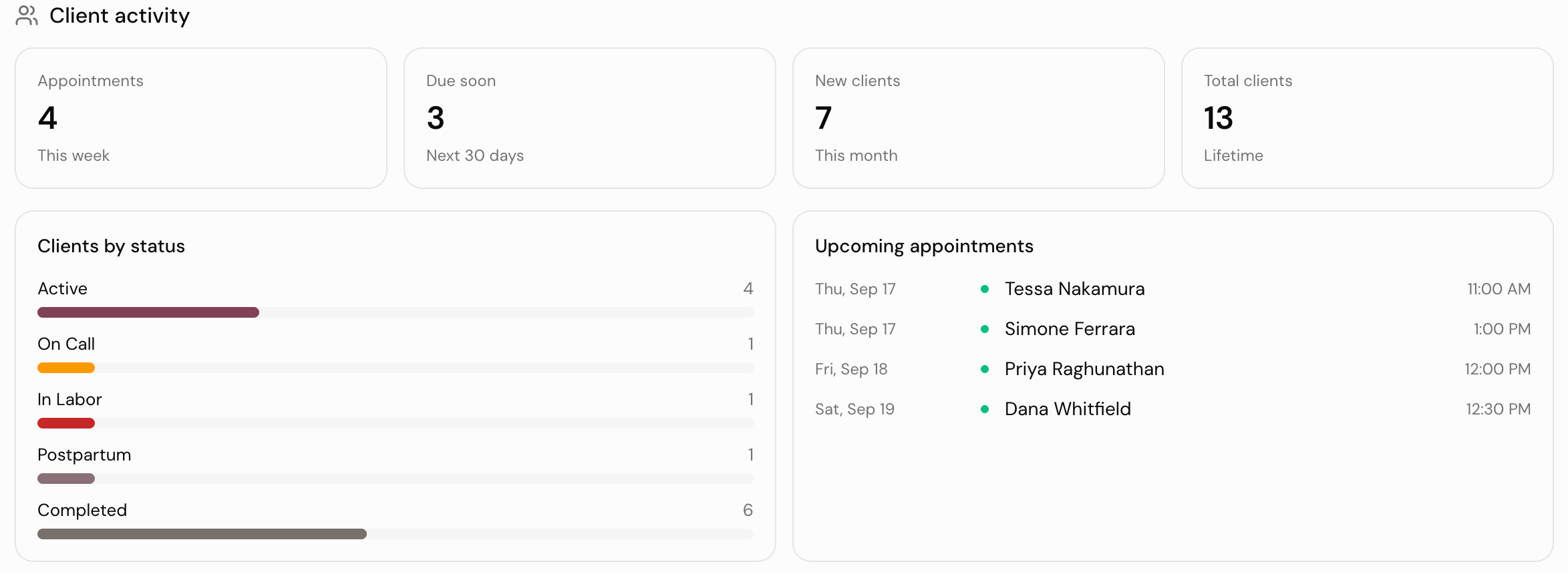 The client activity section of DoulaFlow Insights: appointments this week, clients due in the next 30 days, new clients this month, total clients, a breakdown of clients by stage, and the next appointments