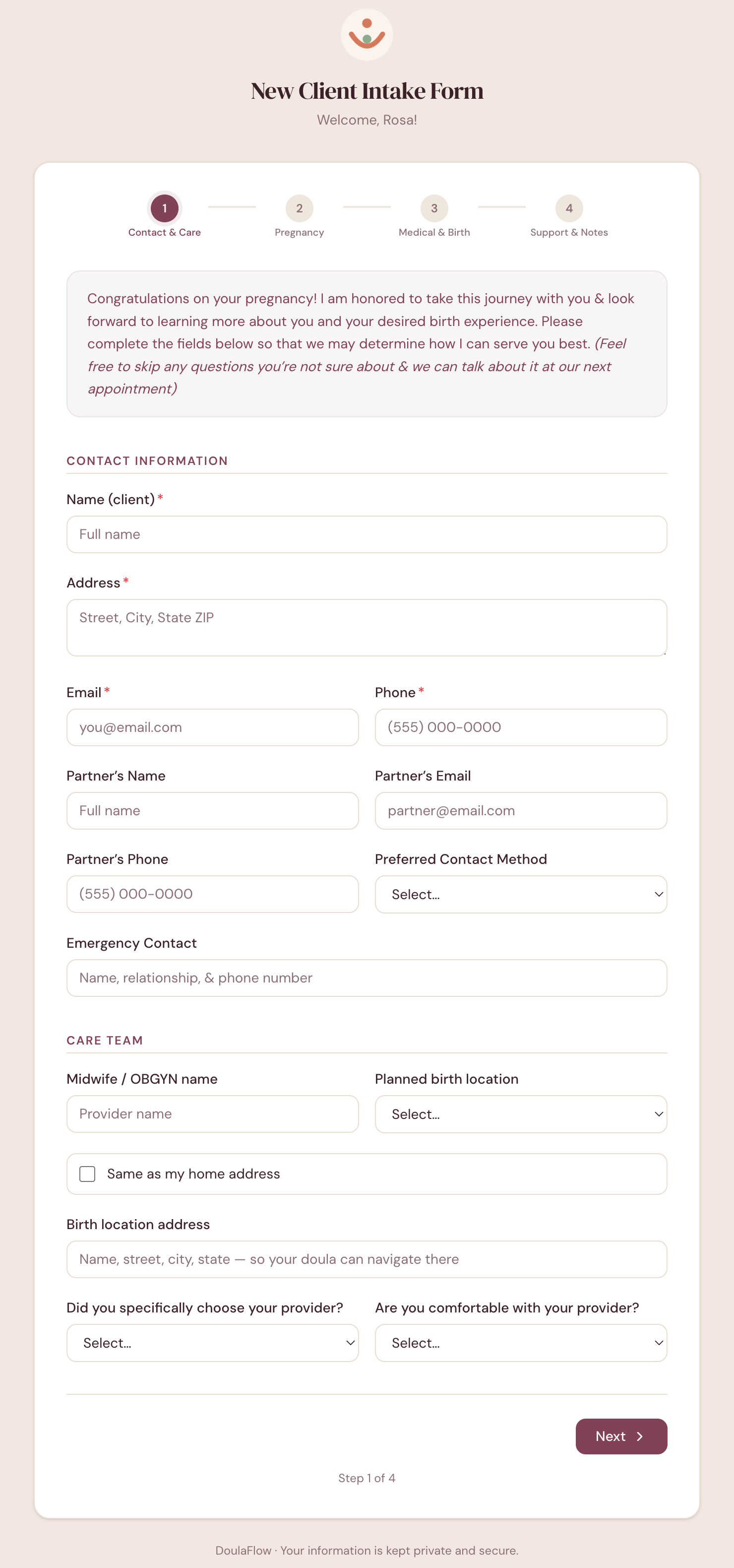 The first step of the DoulaFlow client intake form, with a welcome note, contact and partner details, emergency contact, and care team questions about her provider and planned birth location