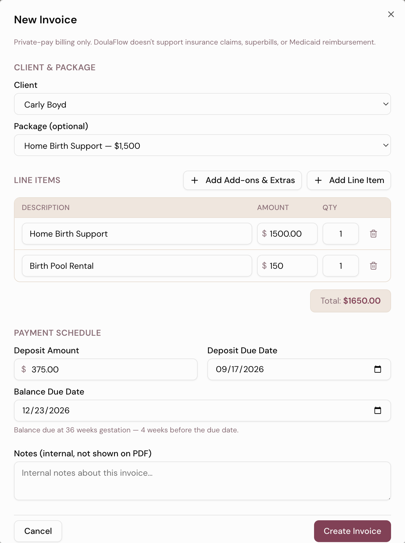 A new DoulaFlow invoice with the balance due date filled in at 36 weeks gestation