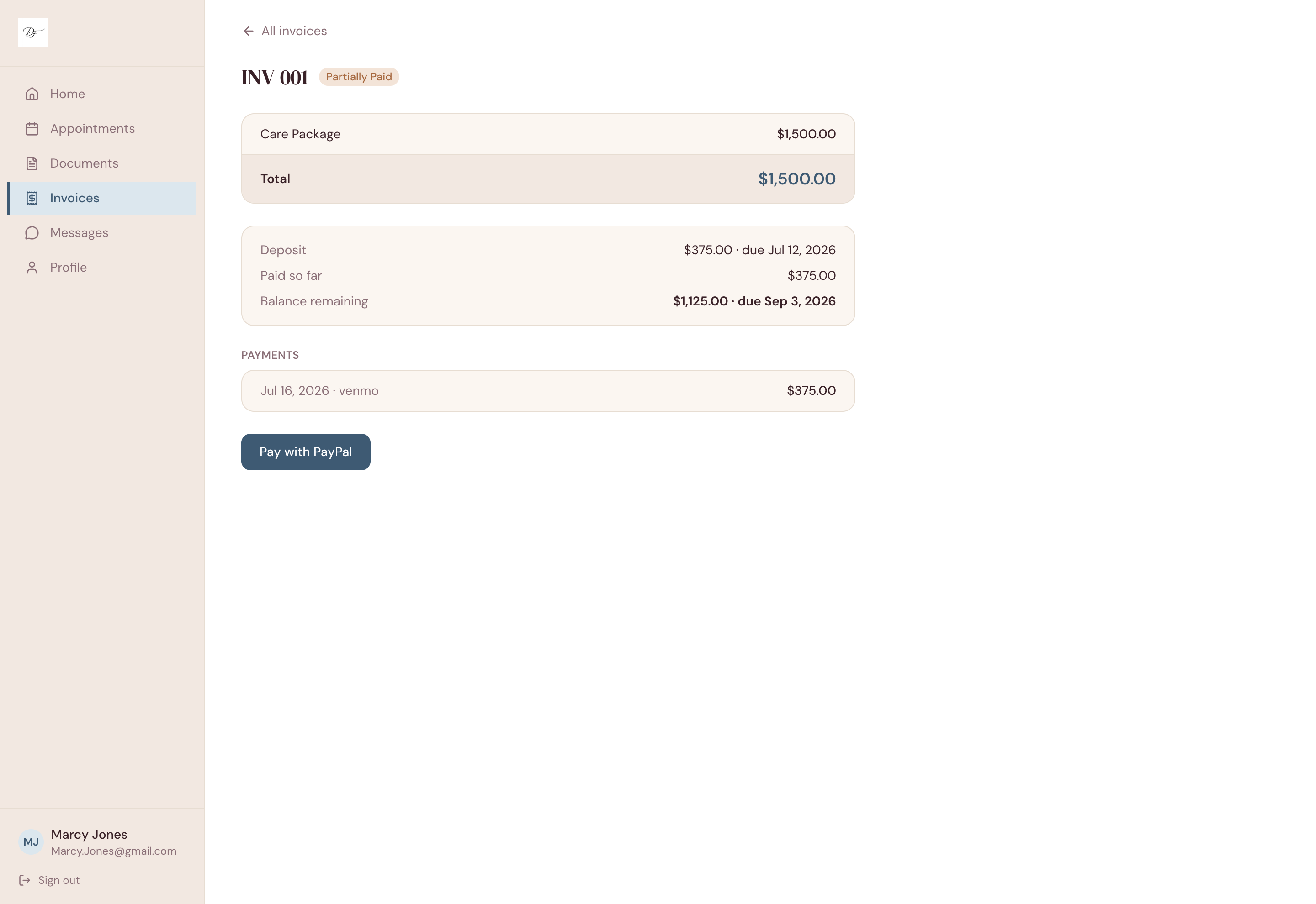 A client's invoice in her DoulaFlow portal with a Pay with PayPal button