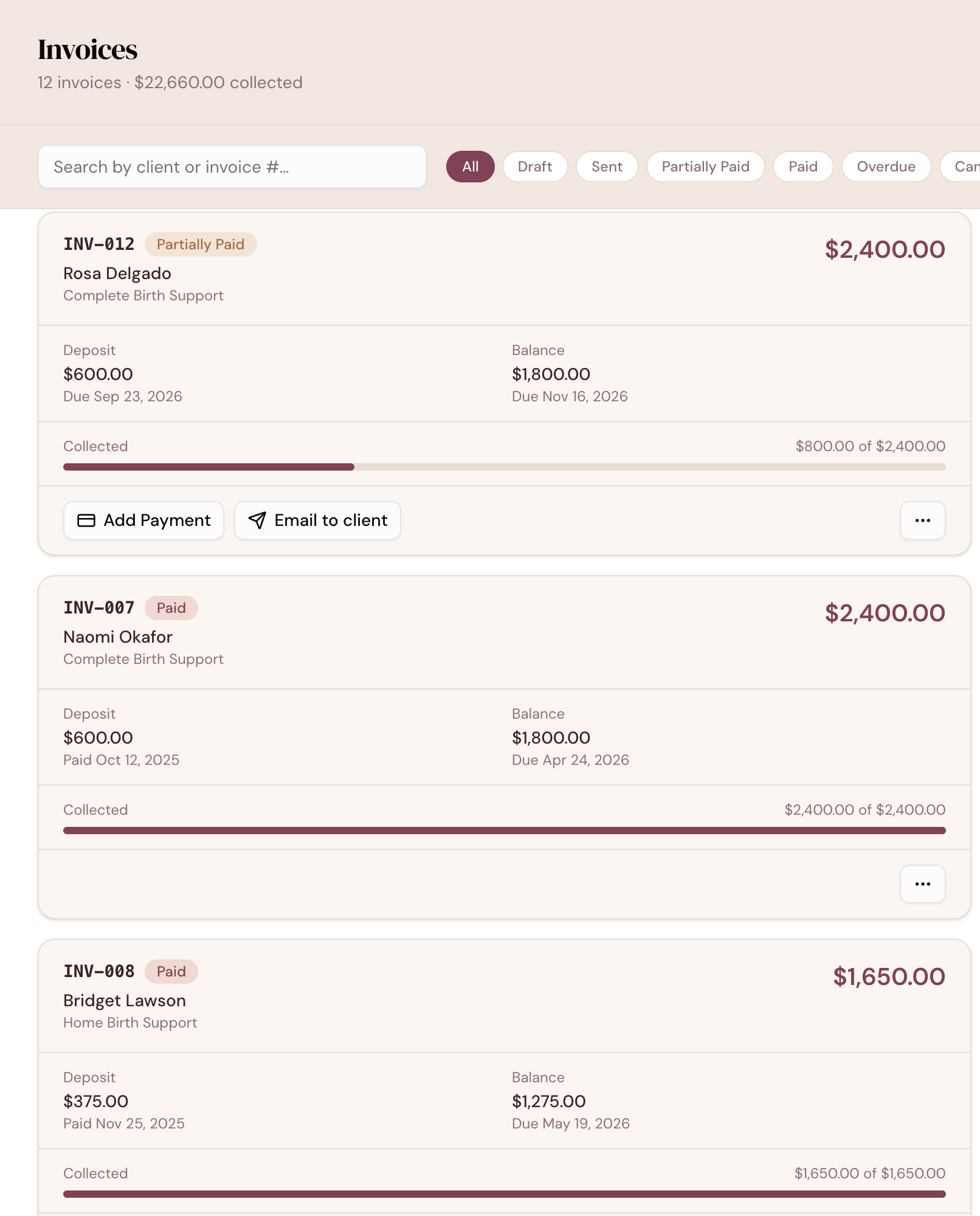 DoulaFlow invoices list showing each invoice's status, deposit and balance with their due dates, and how much has been collected
