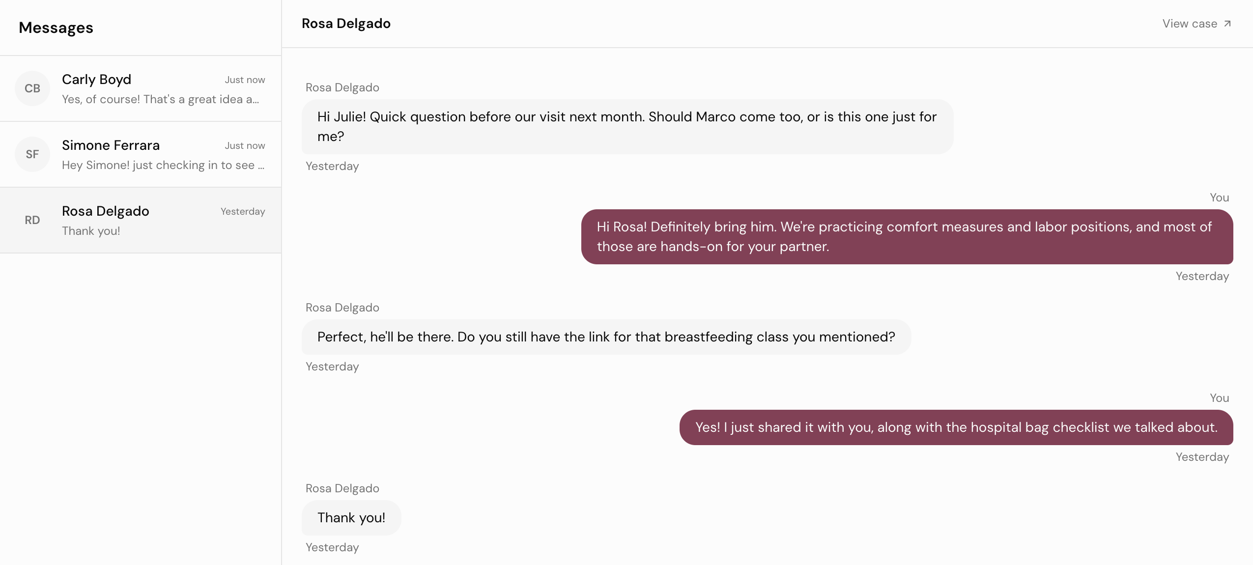 The DoulaFlow messages page listing client threads beside an open conversation with a client