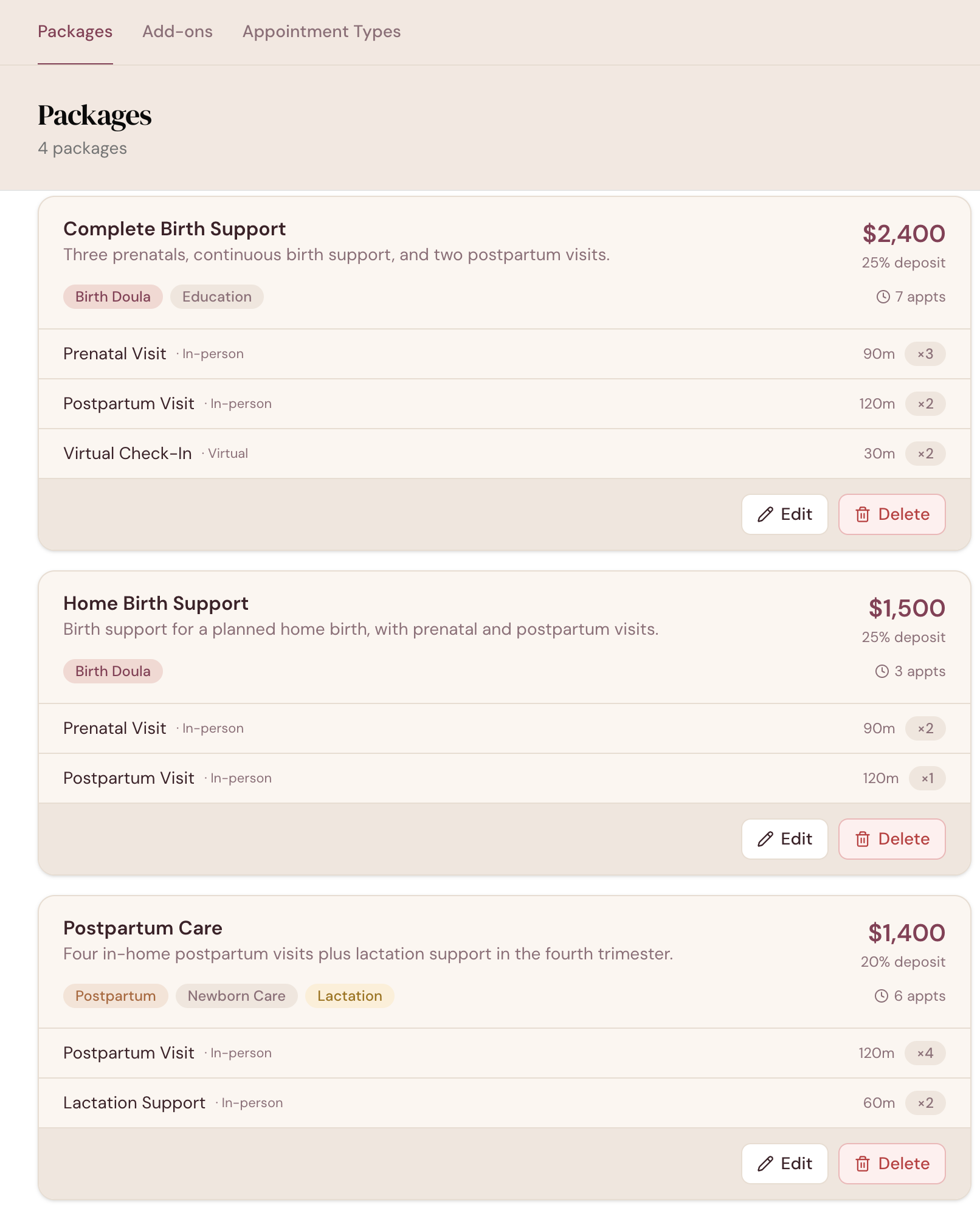 DoulaFlow packages page showing Complete Birth Support at $2,400 with a 25% deposit, including three prenatal visits, two postpartum visits and two virtual check-ins