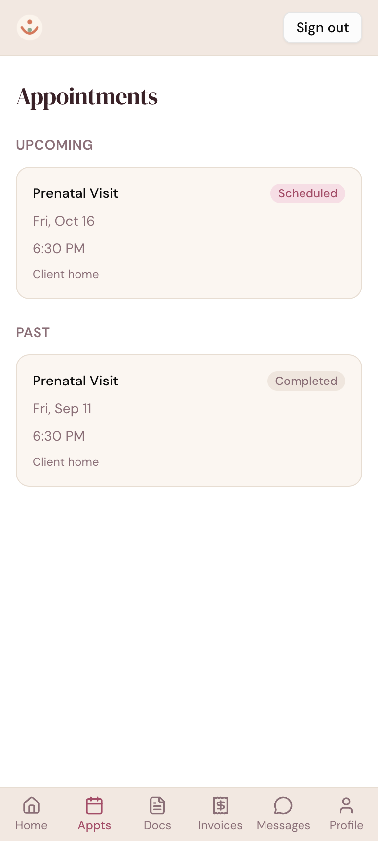 The DoulaFlow client portal on a phone listing upcoming and past prenatal visits with dates, times and locations