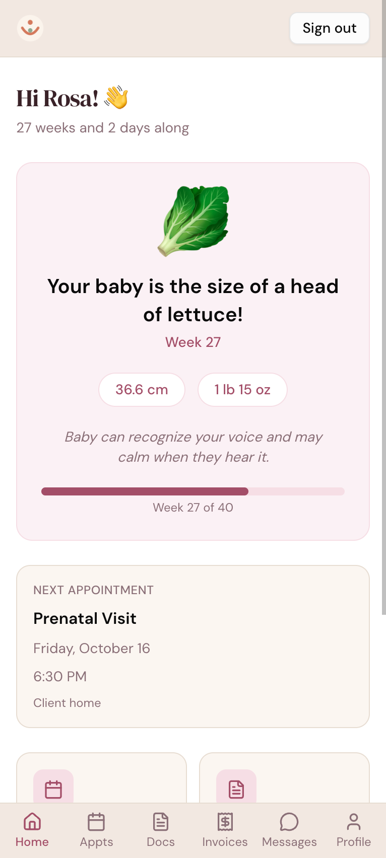 The DoulaFlow client portal on a phone, showing how far along the client is, her baby's size this week and her next appointment