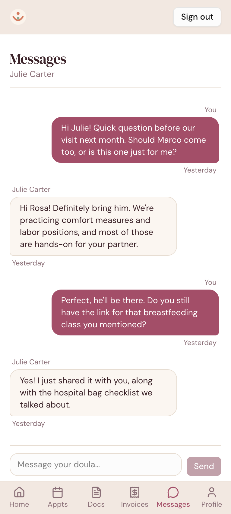 A message thread in the DoulaFlow client portal between a client and her doula about an upcoming visit and a class link