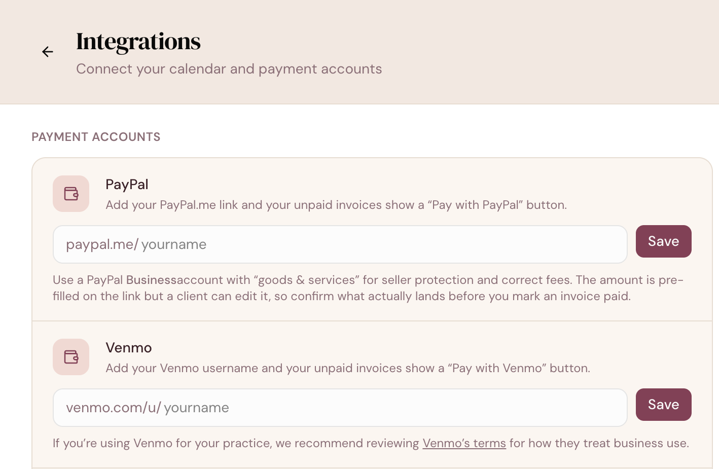 DoulaFlow payment settings with fields to add a PayPal.me link and a Venmo username